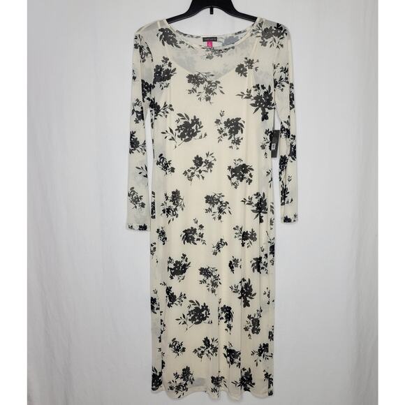 Vince Camuto Floral Printed Long Sleeve Midi Dress Cream Black NWT Size Medium - Picture 4 of 9